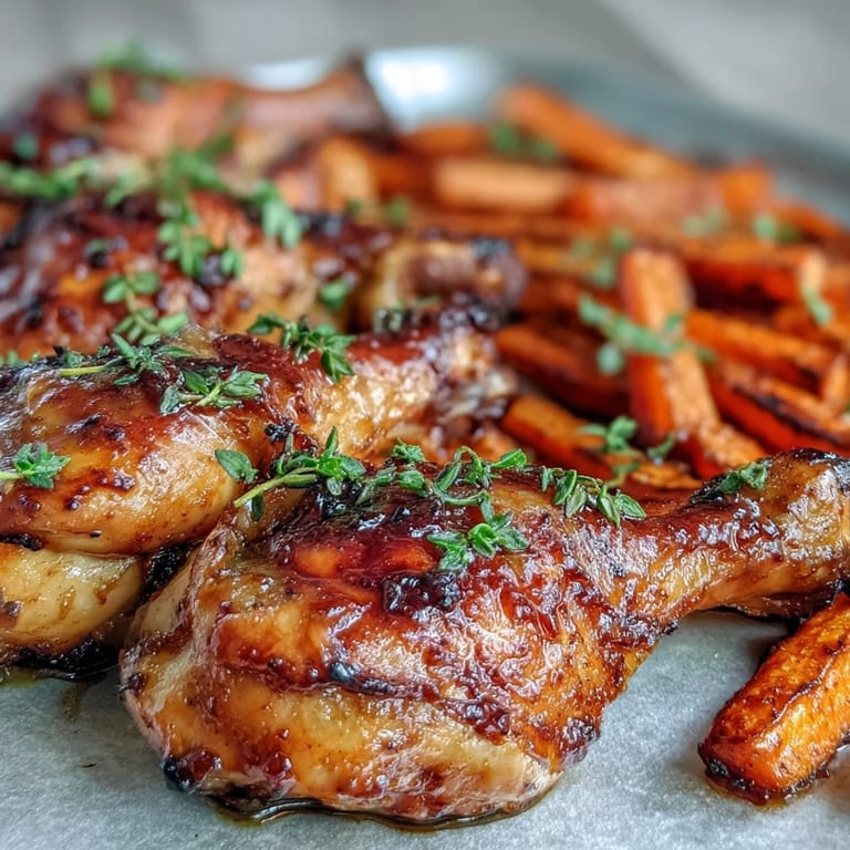 Baked Sheet Pan Honey Garlic Chicken Drumsticks with Roasted Carrots served beside fluffy rice and fresh thyme.
