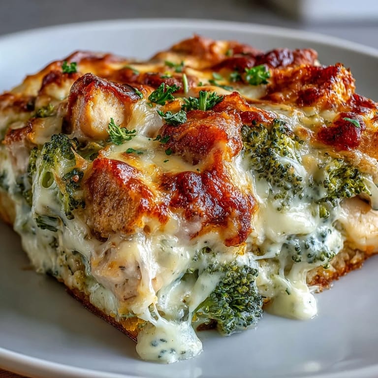 Freshly baked Keto Creamy Chicken and Broccoli Casserole served in a white ceramic dish, topped with melted mozzarella.
