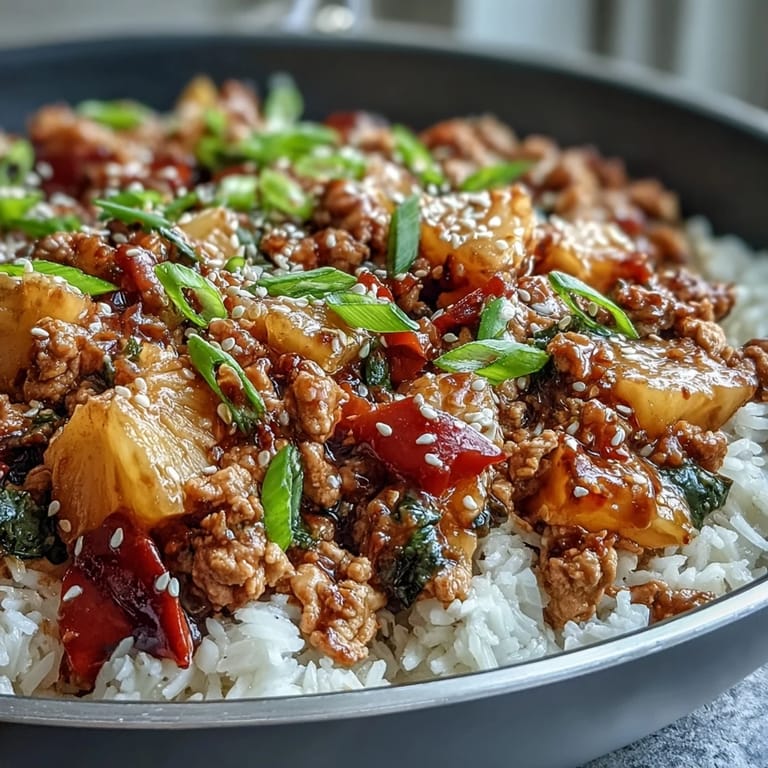 Scharfer Sweet-and-Sour Turkey Rice Skillet mit gochujang, Reis und buntem Gemüse.