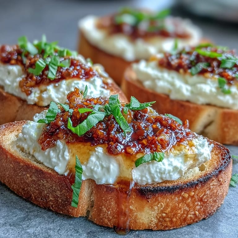 Golden toasted baguette slices for Hot Honey Ricotta Bruschetta drizzled with hot honey and crunchy chili crisp garnish.
