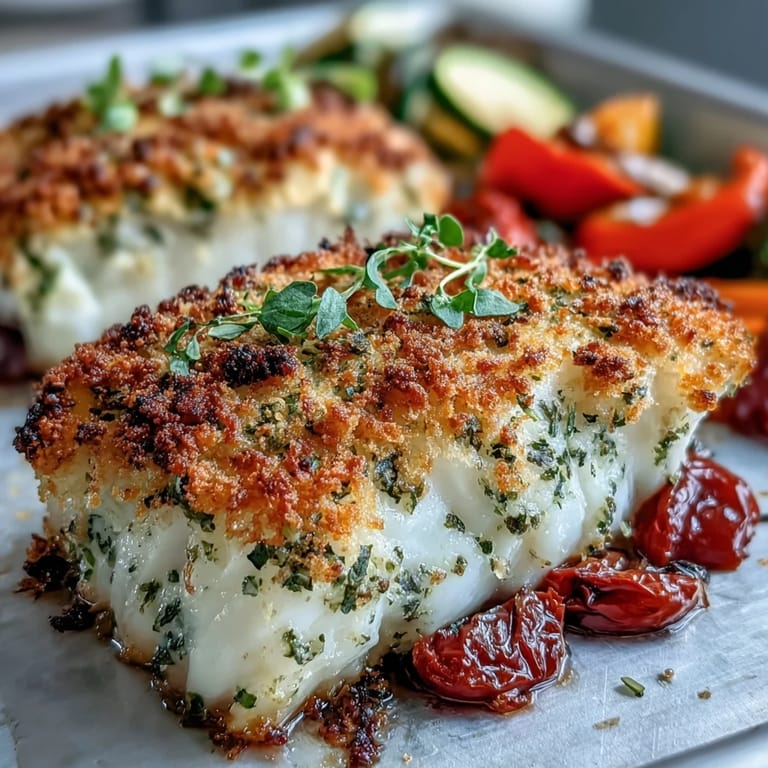 Oven-roasted Parmesan Crusted Sheet Pan Fish with crunchy crust, paired with roasted cherry tomatoes and onions.