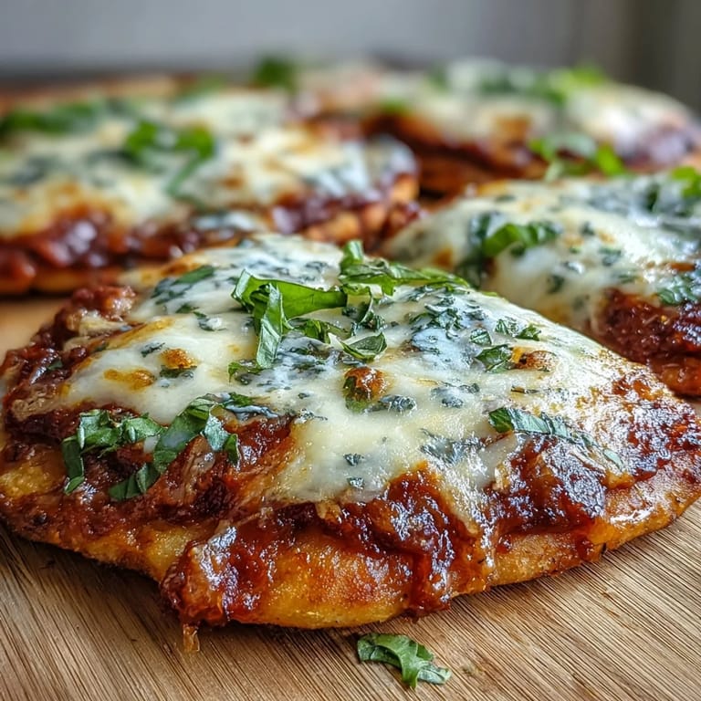 Frische Basilikumblätter auf würzigen Garlic Naan Margherita Pizzas mit blubbernder Tomatensauce und Käse.