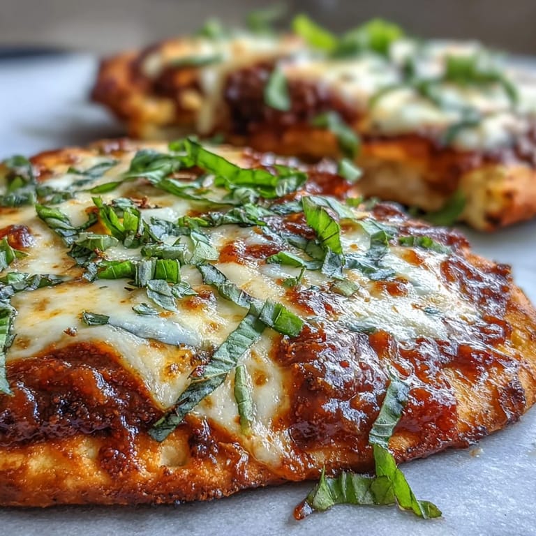 Goldgebackene Garlic Naan Margherita Pizzas, serviert warm mit Olivenöl und aromatischer Knoblauchbutter.