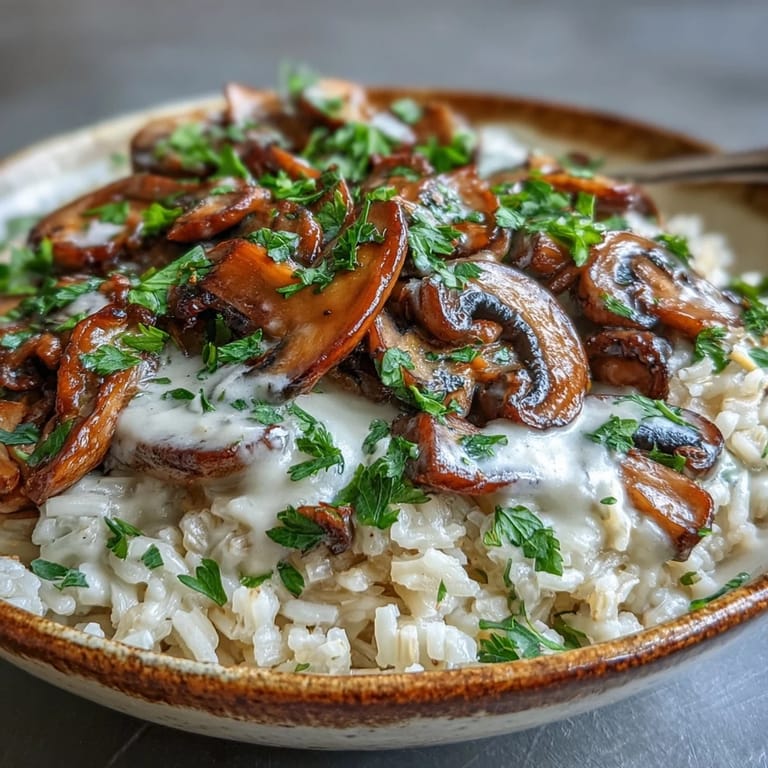 Hearty Vegan Mushroom Stroganoff over brown rice with a creamy sauce and herbs.