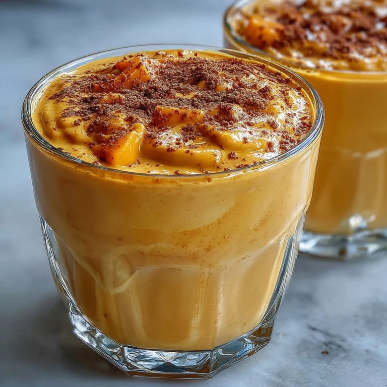 Köstlicher veganer Mangogoldmilch-Smoothie mit frischen Früchten und wärmenden Gewürzen, ideal als Snack.