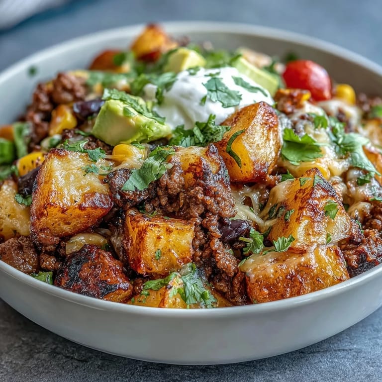 Beladener Kartoffel-Taco-Bowl mit goldgelben Röstkartoffeln und würzigem Hackfleisch.