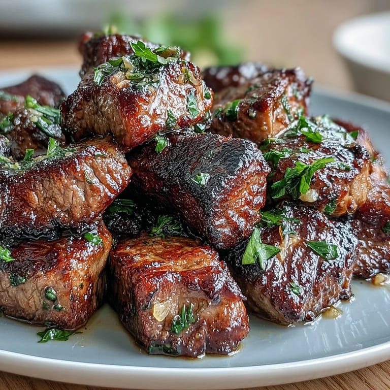 1. Keto-Zitronen-Knoblauch-Butter-Steak-Bissen mit geröstetem Rosenkohl, perfekt für eine kohlenhydratarme Ernährung.