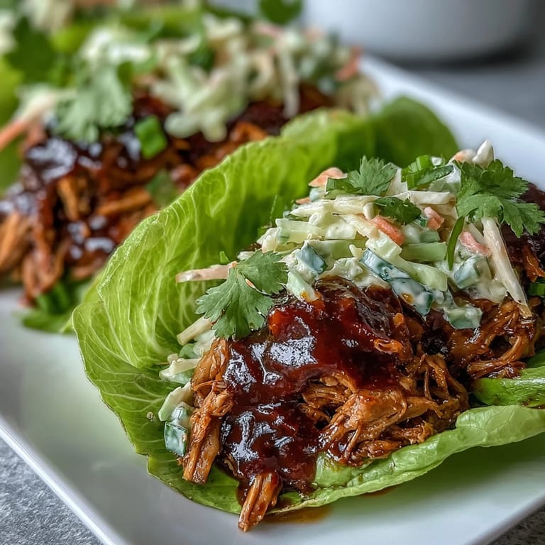 Zarte BBQ-Jackfruit in Salatblättern serviert und mit buntem, cremigem Krautsalat garniert – perfekt für ein leichtes Abendessen.