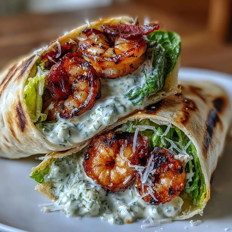 2. Zarte gegrillte Garnelen und frischer Römersalat in Tortillas gewickelt, verfeinert mit würzigem Caesar-Dressing.  