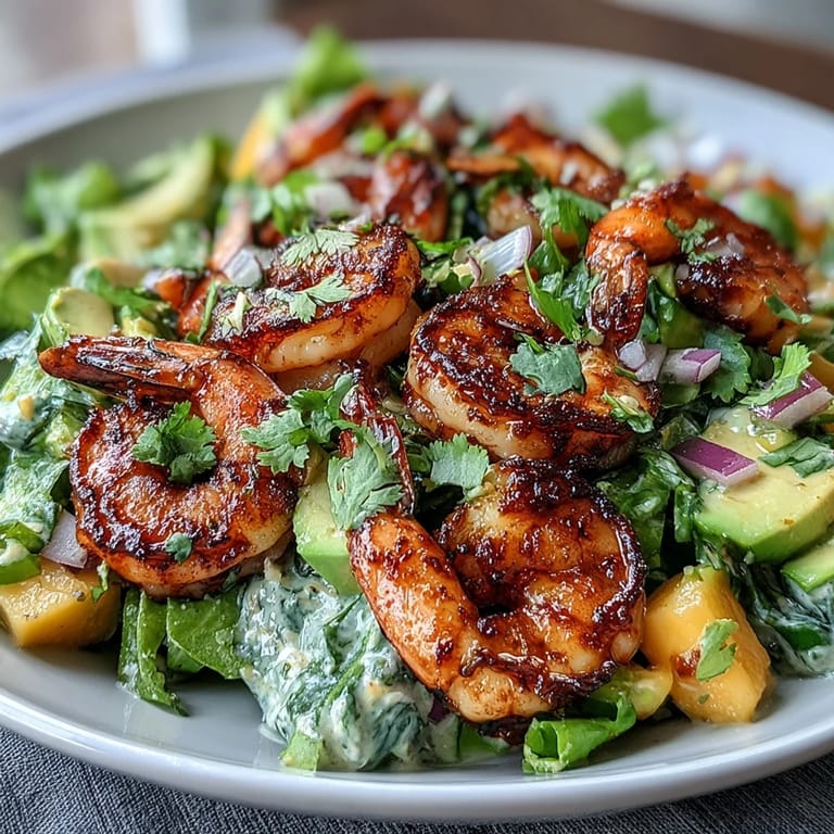Frische Salatmischung mit gegrillten Garnelen, reifen Mangos und cremiger Avocado, beträufelt mit Chili-Lime Dressing.