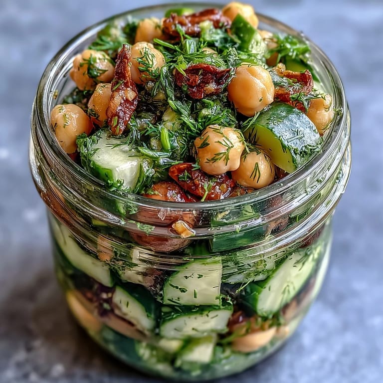 1. Farbenfrohe Zitrus-Kräuter-Kichererbsensalat-Jars mit knackigem Gurke und frischem Dill, perfekt für gesunde Mittagessen zum Abnehmen.