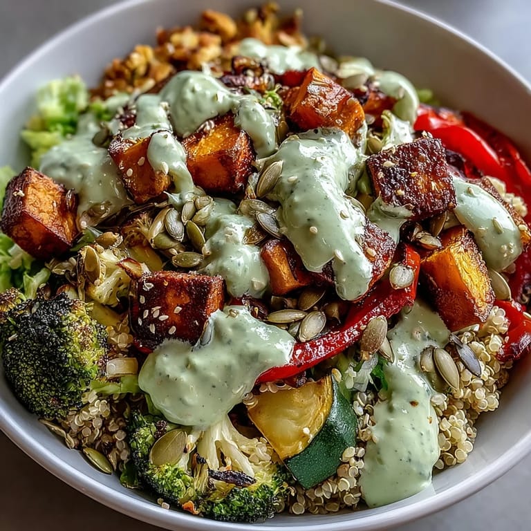 Buntes, gesundes Buddha-Bowl-Rezept mit geröstetem Gemüse, Quinoa und herzhaftem Avocado-Kräuter-Dressing.