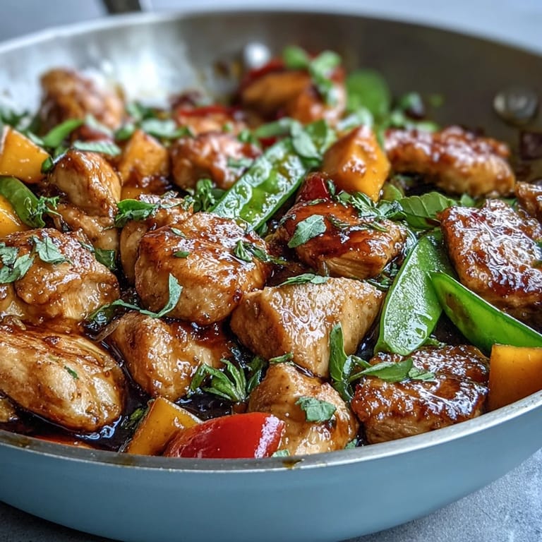 Aromatische Hähnchen-Pfanne mit goldenem Kurkuma, süßer Mango und frischen Paprika.