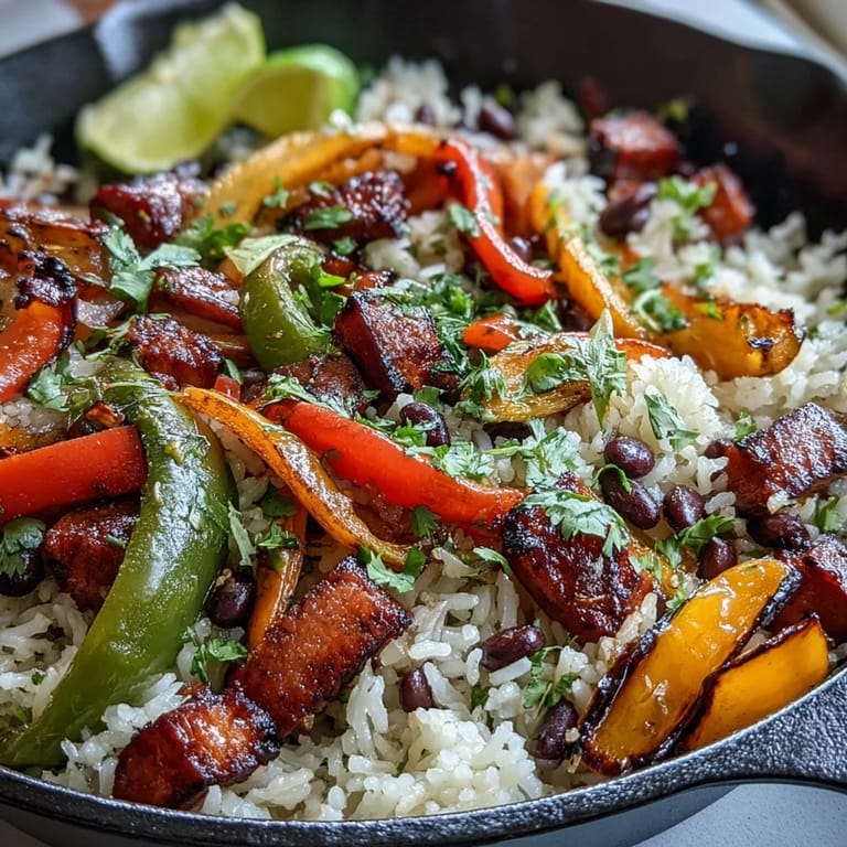 3. Farbenfroher veganer Fajita-Reis mit Paprika, Zwiebeln und schwarzen Bohnen, garniert mit frischem Koriander und Limette.
