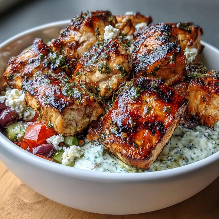 3. Farbenfrohe Hähnchen-Souvlaki-Schüsseln mit rauchig gegrilltem Hähnchen, knackigem Gemüse und hausgemachtem Tzatziki.