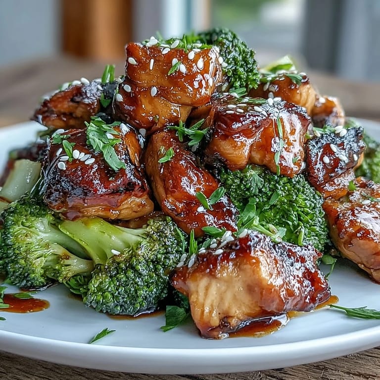 2. Aromatisches Sheet Pan Teriyaki Chicken and Broccoli mit goldbraunem Hähnchen, geröstetem Brokkoli und klebrigem Teriyaki-Glasur, angerichtet auf einer Schüssel braunem Reis.  