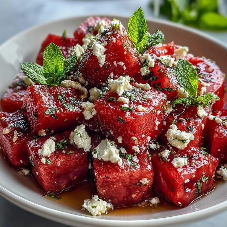 2. Farbenfroher Wassermelonen-Feta-Minze-Salat, perfekt für Sommer-BBQs, mit frischem Limettensaft beträufelt.