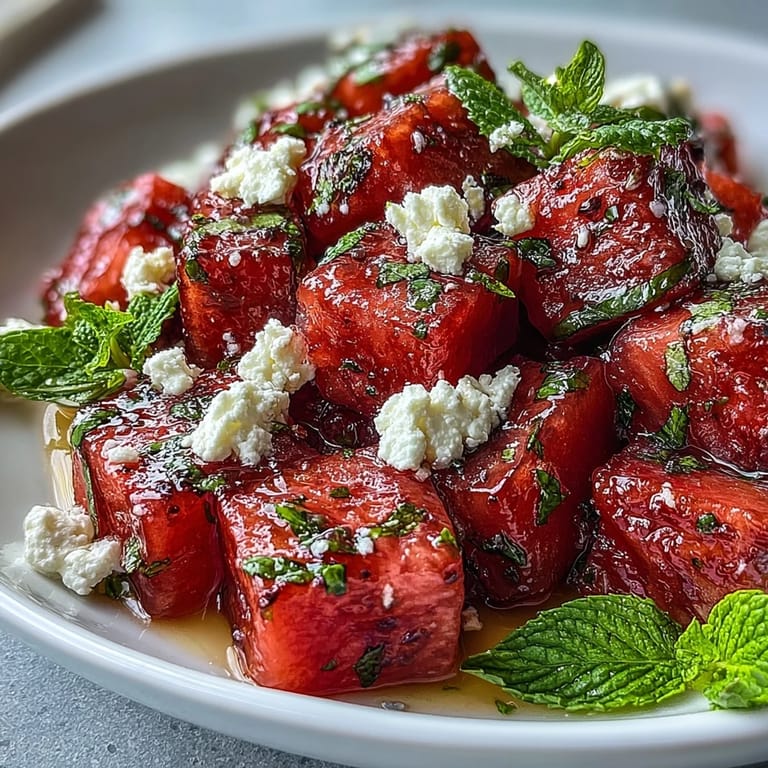 3. Leichter, mediterraner Wassermelonen-Feta-Minze-Salat mit knackiger Minze und cremigem Feta, ideal als Beilage.