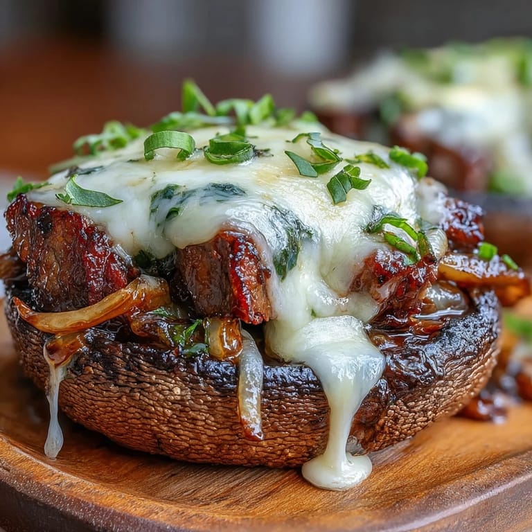 Keto-Philly-Cheesesteak gefüllte Portobello-Pilze mit saftigem Steak, sautierten Paprika und geschmolzenem Käse – eine unwiderstehliche Low-Carb-Variante des Klassikers.