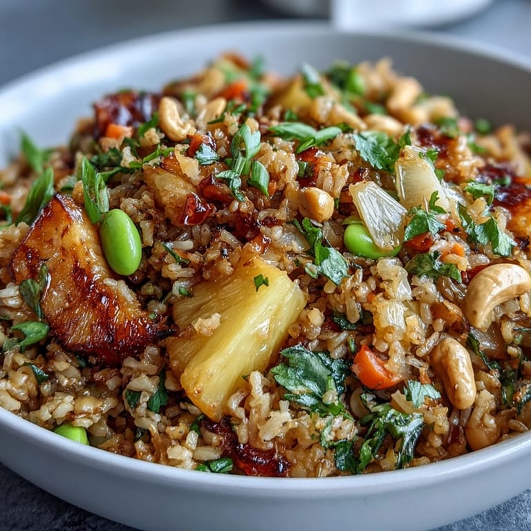 Helle, fruchtige Ananas-Fried-Rice mit Blumenkohl-Reis, Edamame und buntem Gemüse in einer dampfenden Pfanne.