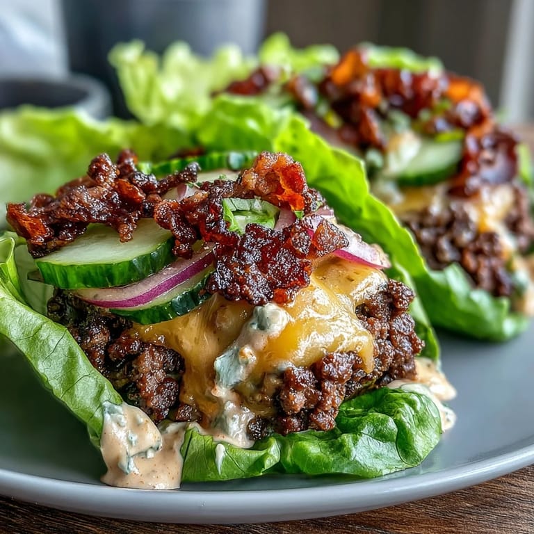 Keto Cheeseburger Lettuce Wraps mit saftigen Pattys, knusprigem Salat und cremiger Geheimsoße – perfekt für ein Low-Carb-Essen.  