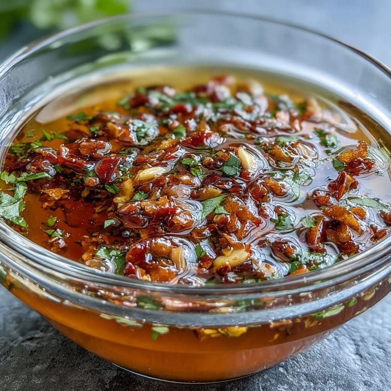 2. Aromatische Knoblauch-Chili-Öl-Dippsauce mit frischen Kräutern und glänzendem Öl, ideal zum Dippen oder als Topping.  