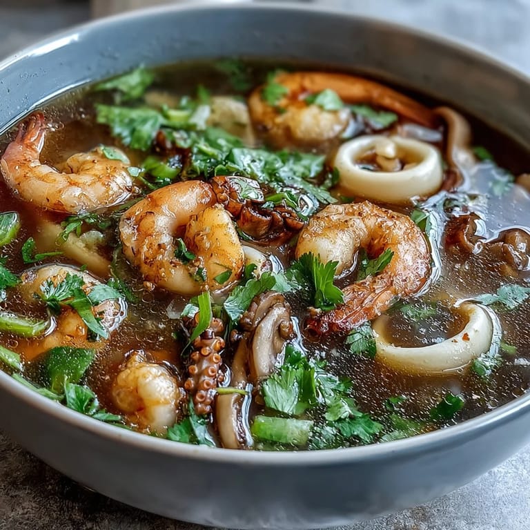 Eine köstliche Schüssel Hot Pot mit saftigen Garnelen, zartem Fisch und bunten Gemüsesorten in würziger Brühe.  
