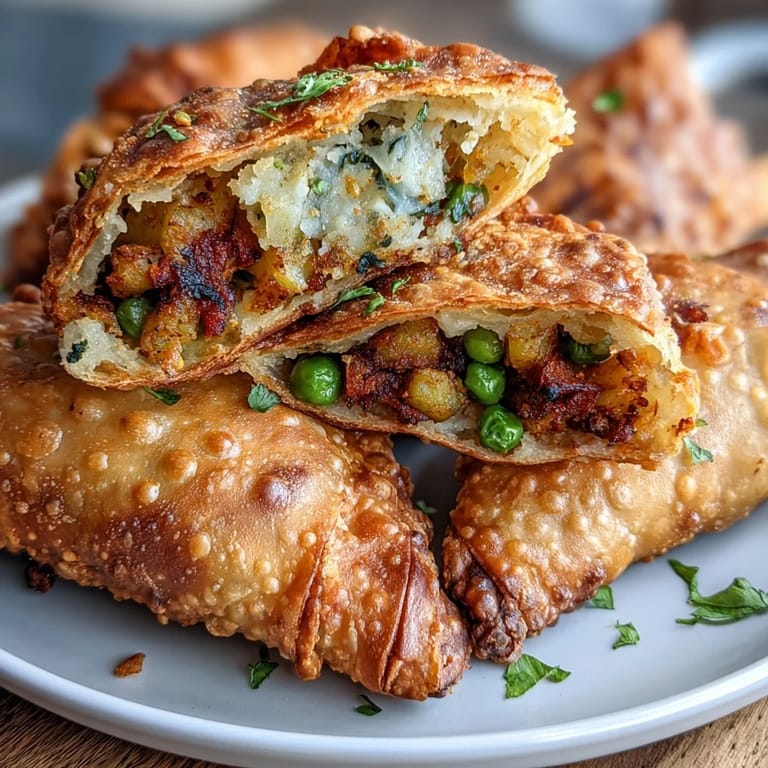 Knusprige, goldene Samosas mit aromatischem Gemüse, serviert mit leuchtend grünem Minzchutney aus frischen Kräutern.
