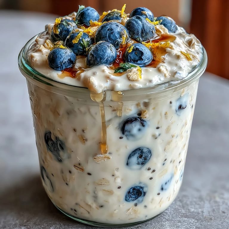 Glas mit Overnight Oats, Blaubeeren und Zitronenschale, ein gesunder Start in den Tag.