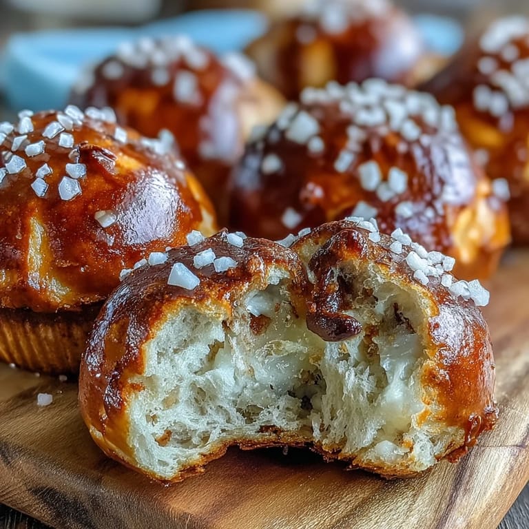 Goldbraune Sauerteig-Brezelbissen mit zarten Zwiebelstückchen, ideal für Partys oder gemütliche Abende.
