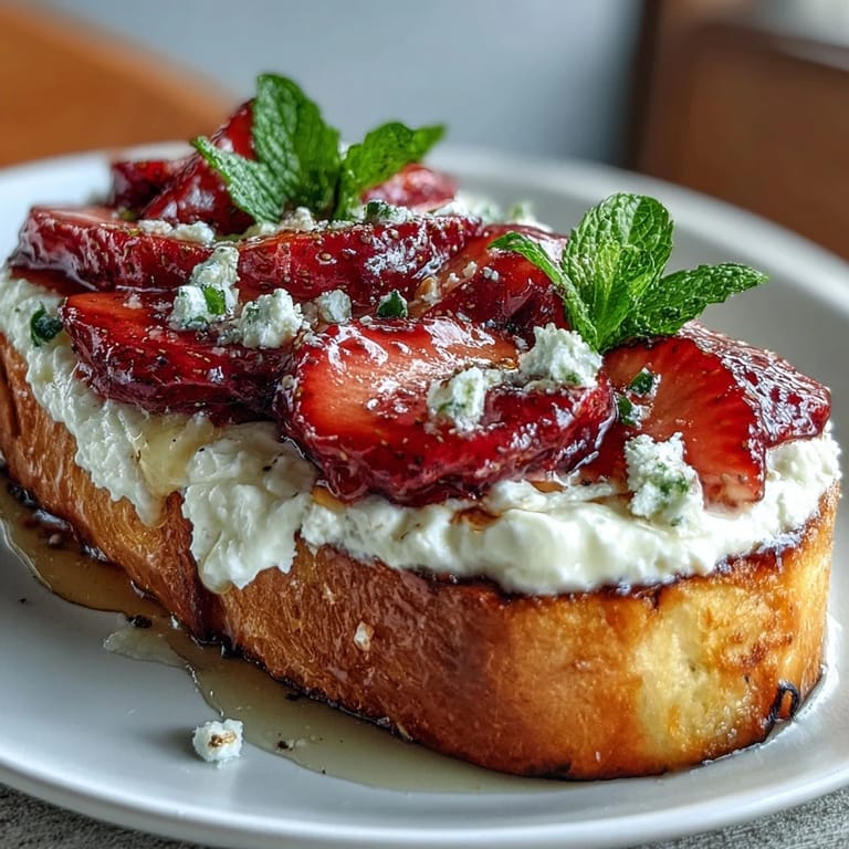 1. Frisch und leuchtend: Strawberry Ricotta Toast mit cremigem Käse, süßen Beeren und Honig, perfekt für einen festlichen Brunch.