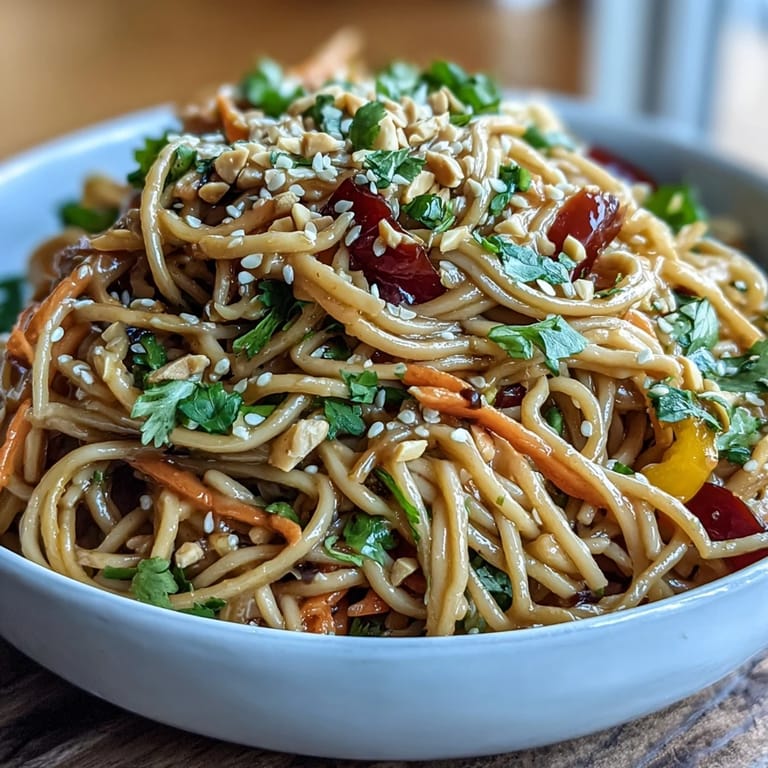 2. Verlockender Nudelgenuss mit Erdnussdressing, perfekt für ein leichtes Mittag- oder Abendessen.  