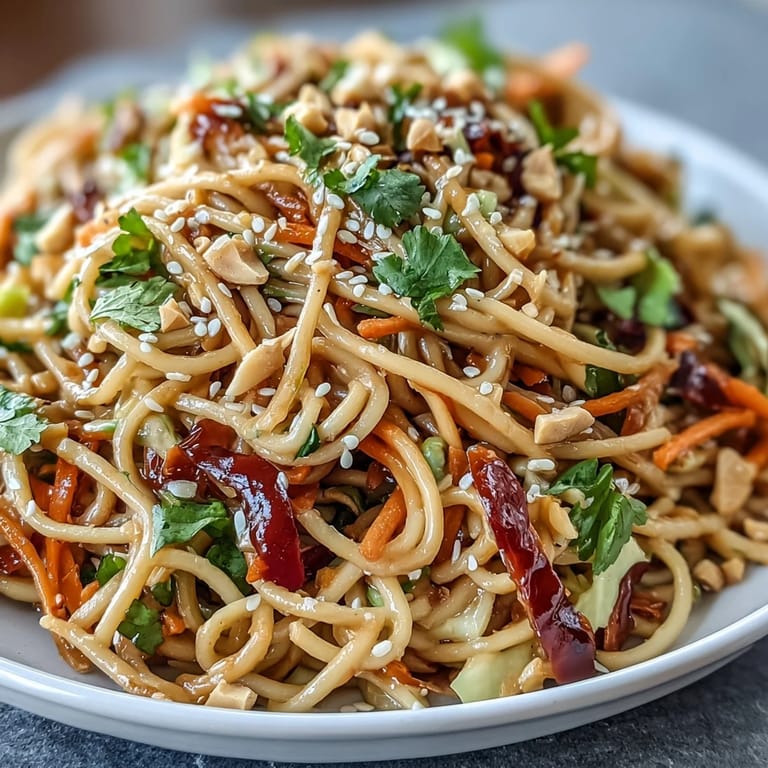 3. Erfrischender Salat mit Sesamnudeln, frischem Gemüse und aromatischem Erdnussdressing.