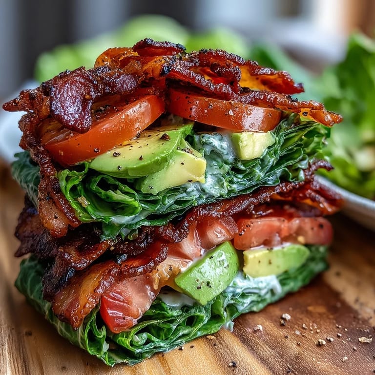 Köstliche Low-Carb-Wraps mit knackigem Salat, saftigem Speck, frischen Tomaten, Avocado und cremiger Knoblauch-Mayo, gewürzt mit frisch gemahlenem Pfeffer.