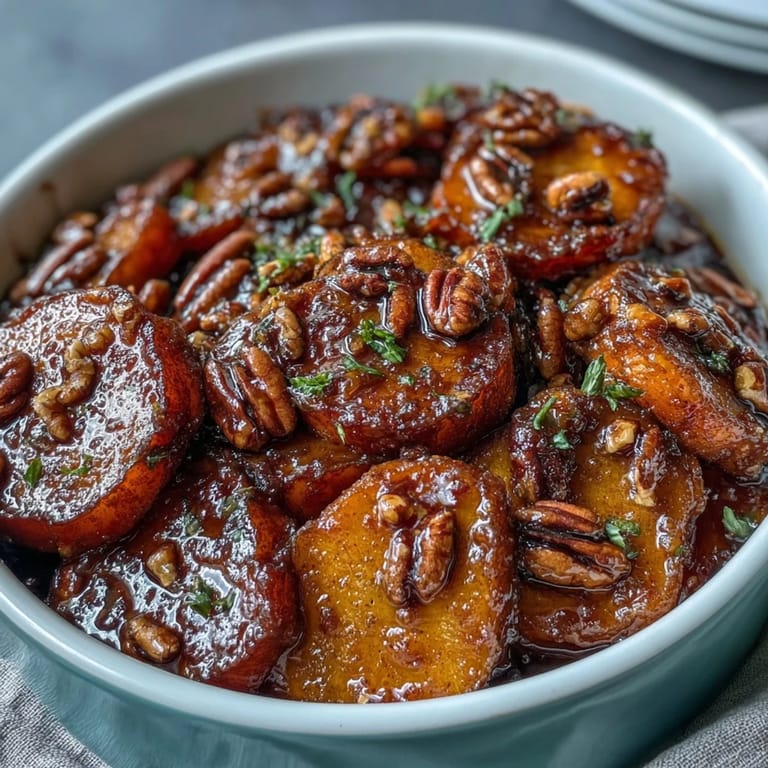 2. Zarte Yams in buttriger brauner Zuckerglasur, verfeinert mit aromatischen, gerösteten Pekannüssen.