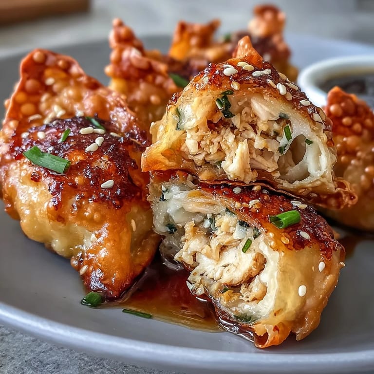 Zarte Reispapier-Wraps gefüllt mit gewürztem Hähnchenfleisch, Karotten und Zucchini, perfekt paniert.