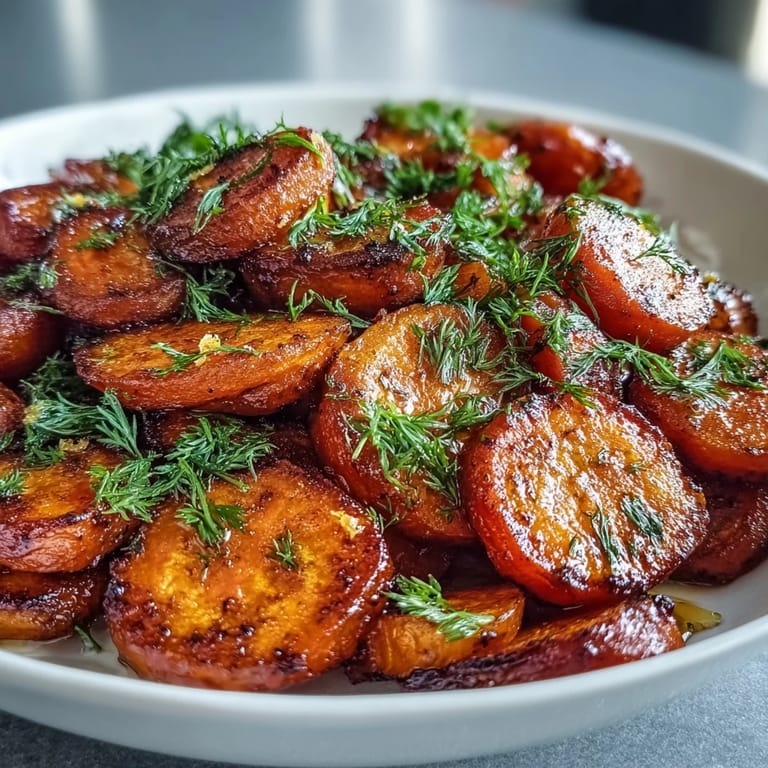 3. Hell glänzende Karotten in einer zitrus-süßen Honig-Orangen-Sauce, garniert mit duftendem frischem Dill für ein köstliches Beilagenrezept.