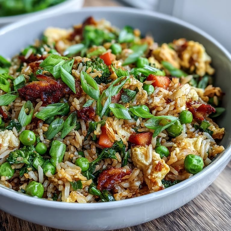 Veggie-Packed Fried Rice mit Frühlingserbsen und Karotten, duftend und knusprig in der Pfanne gebraten. Perfekt für ein einfaches, gesundes Mittag- oder Abendessen.