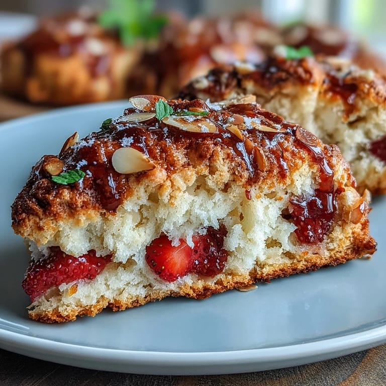 Zarte Scones gefüllt mit saftigen Erdbeeren, bestreut mit gerösteten Mandelblättchen und einem Hauch grobem Zucker für extra Knusprigkeit.