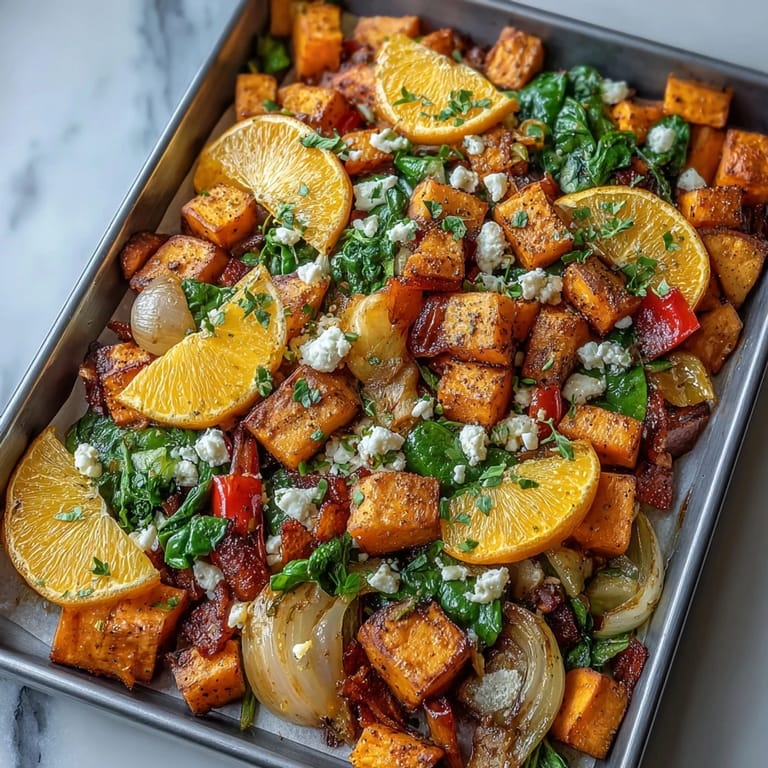 Lebendiger Ofenfrühstückshash mit Süßkartoffeln, saftigen Orangen und Spinat für einen farbenfrohen Start in den Tag.