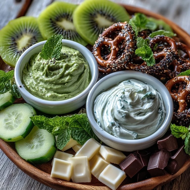 Bunter St. Patrick's Day-Snack-Teller mit grünen Früchten, knackigem Gemüse und cremigen Dips für die perfekte Feier.