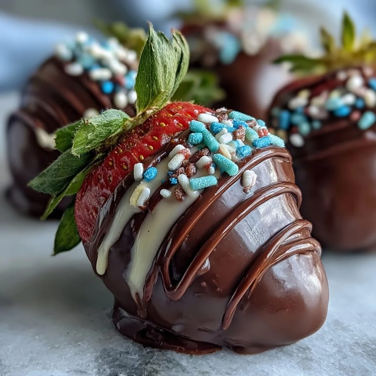 Frische Erdbeeren in cremiger Schokolade getaucht und mit Oster-Streuseln dekoriert.