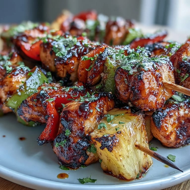 Hähnchen-Ananas-Spieße mit rauchigem Aroma, gegrillt bis zur goldbraunen Perfektion und serviert mit frischem Gemüse.