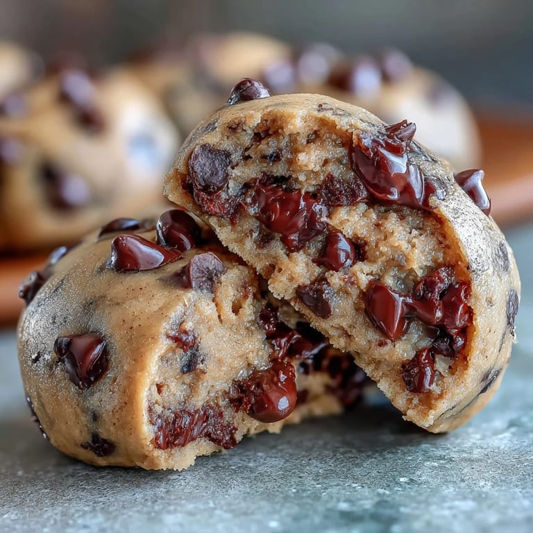 Löffel heben cremigen, proteinreichen Keksteig mit Schokoladenstückchen für eine gesunde, genussvolle Leckerei.