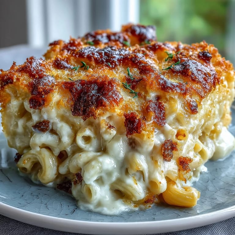 Gebackener Mac and Cheese mit goldener Kruste und herzhaftem Speck-Topping – ultimativer Komfortgenuss.