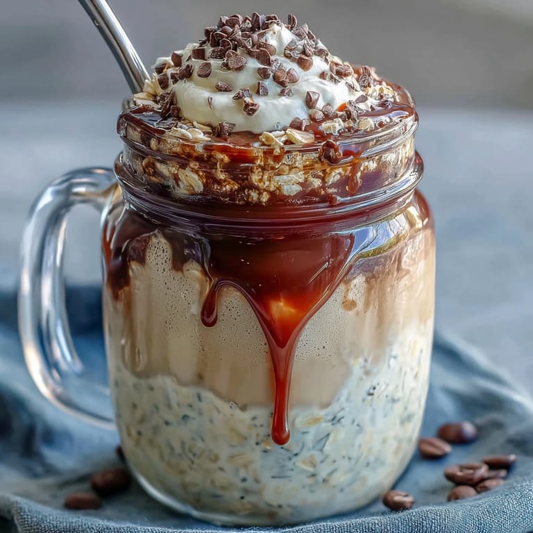 Köstliche Vanille-Bohnen-Frappuccino-Übernachtungs-Oats mit geschichteten Kaffee-Aromen und süßer Kondensmilch.