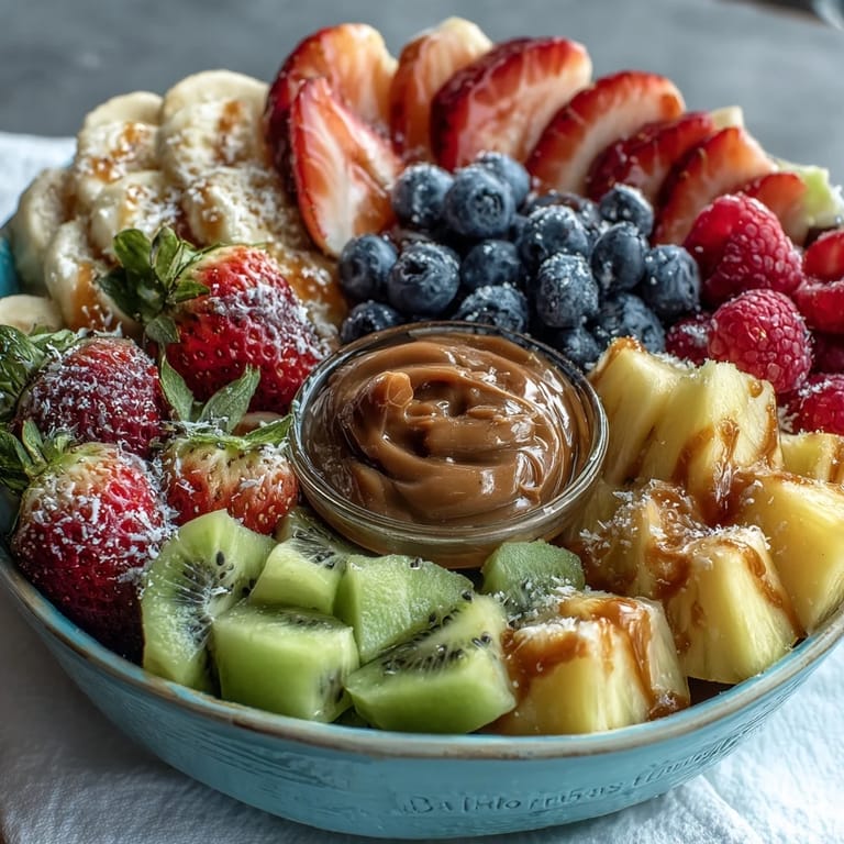 Frischer, farbenfroher Obstteller in Blütenform mit cremigem Honig-Joghurt-Dip, serviert auf einer großen Platte.