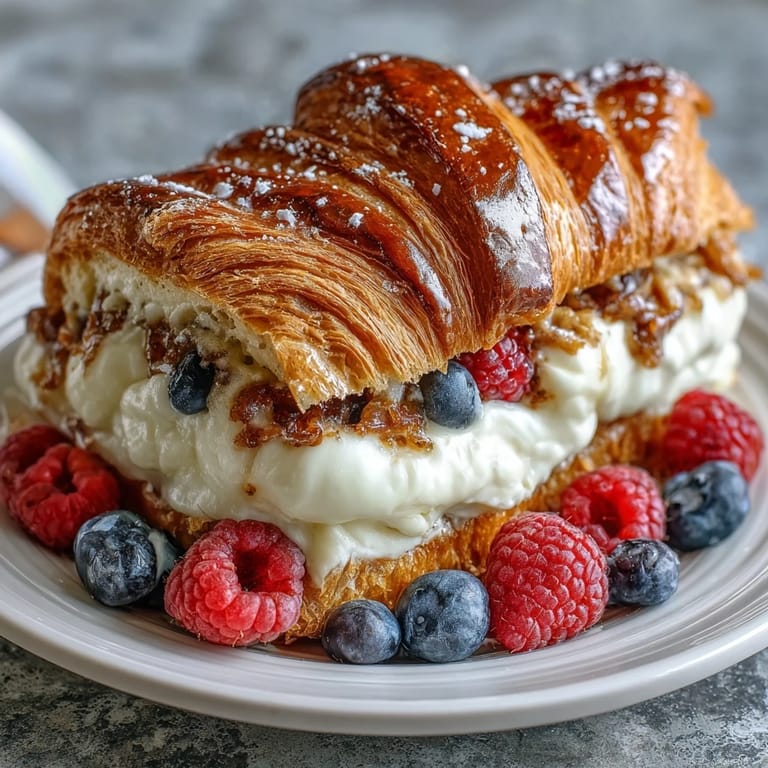 Leckeres Frühstücksauflauf mit buttrigen Croissants, cremiger Vanille-Custard und saftigen Beeren, perfekt für Brunch.  