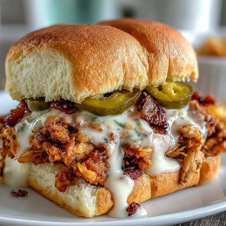 Zartes, zerzupftes Hühnchen in cremiger Ranch-Sauce mit Peperoni, belegt mit sauren Gurkenscheiben auf weichem Brötchen.