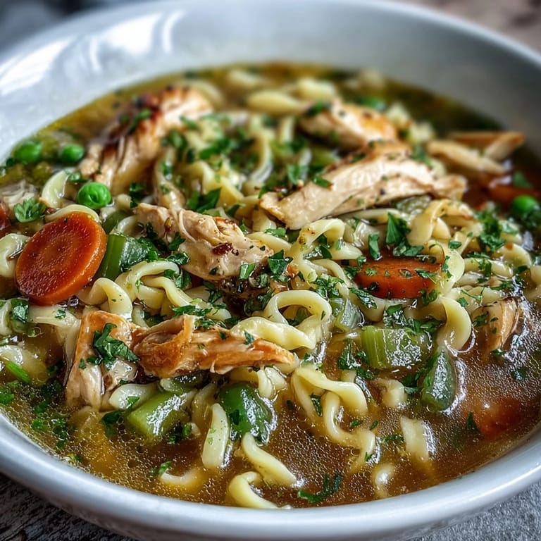 2. Herzhafter Chicken Run One-Pot Chicken Noodle Soup mit frischem Gemüse, aromatischer Brühe und perfekt gekochten Nudeln in einer Schüssel.  